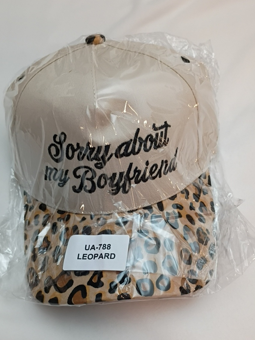 Women's Beige 'Sorry About My Boyfriend' Cap with Leopard Brim